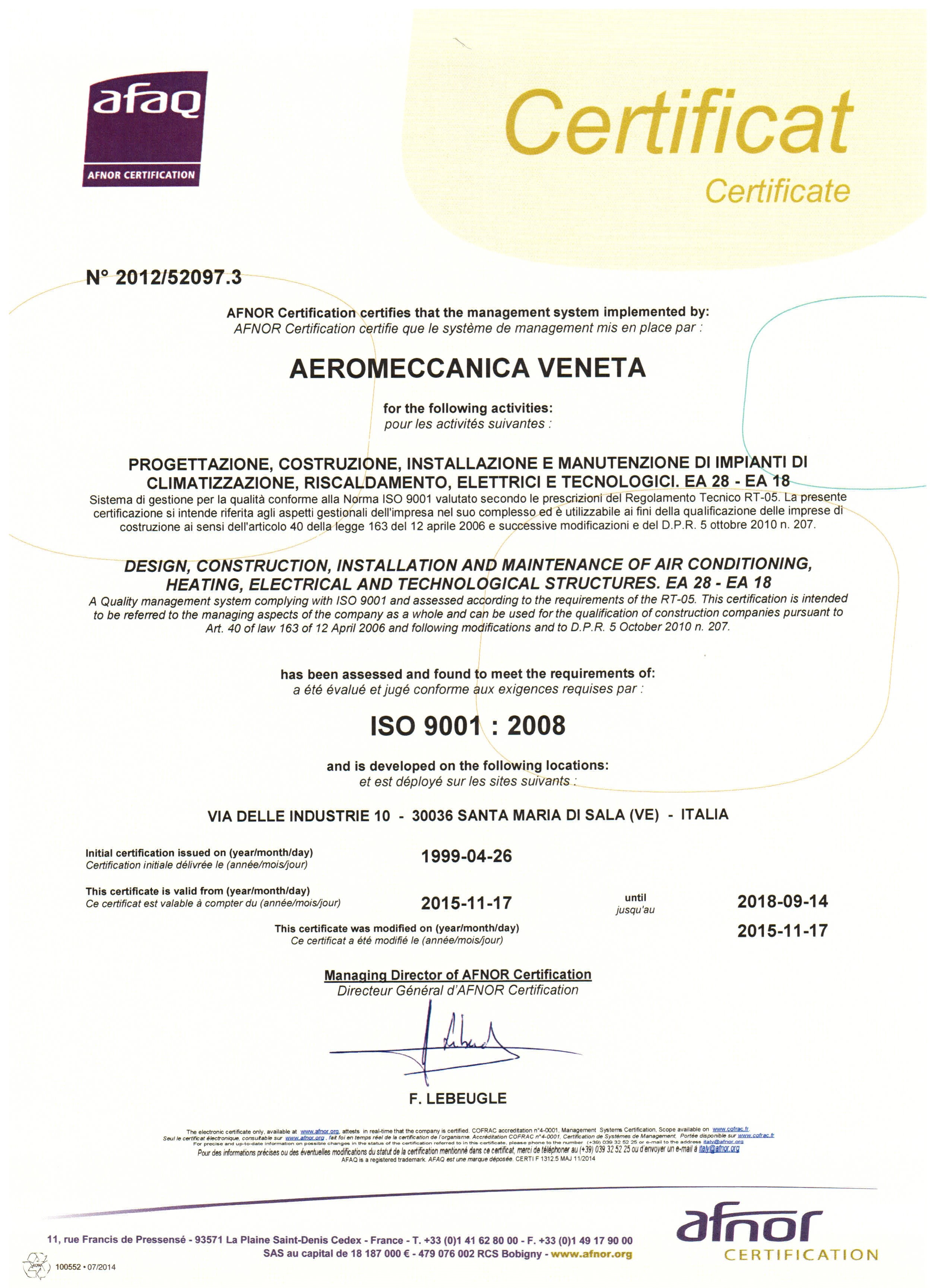 Aeromeccanica Veneta Srl Certificazione ISO 9001 : 2008